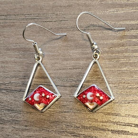 Alpaca Silver Dangle Diamond Cutout Earrings with Pink Sky with Moon & Stars - Picture 1 of 6